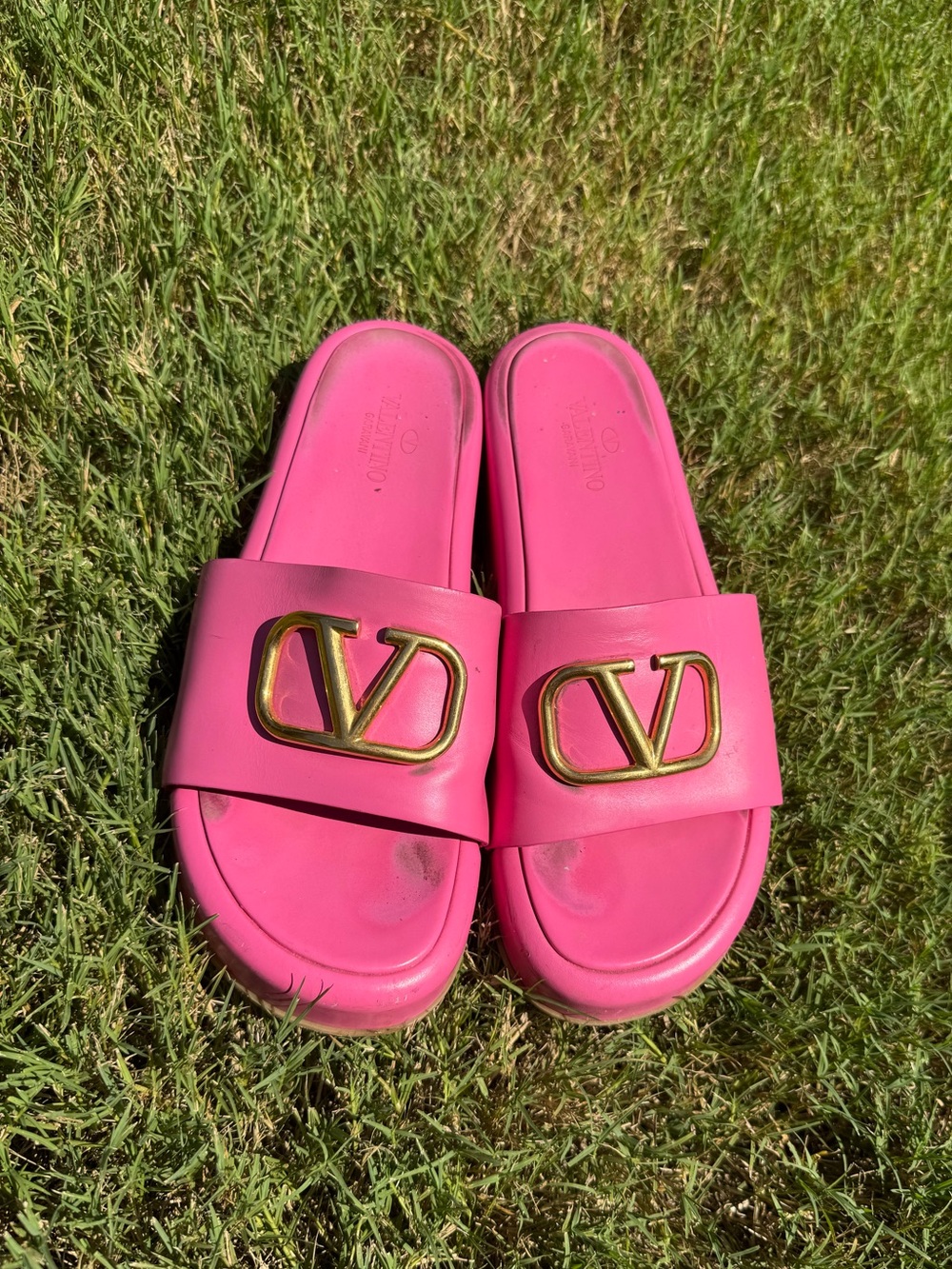 Valentino Garavani Golden VLogo Signature Platform Slide Sandals Pink Gold EU 4